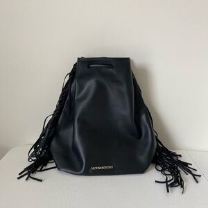 NEW Victoria’s Secret faux leather black fringe tassel backpack purse‎ bag